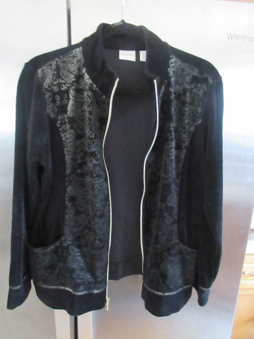Zenergy by Chicos Black paisley velour velvet zip jacket 1 s m